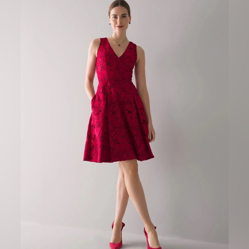 WHBM Lace Fit & Flare V Neck Dress